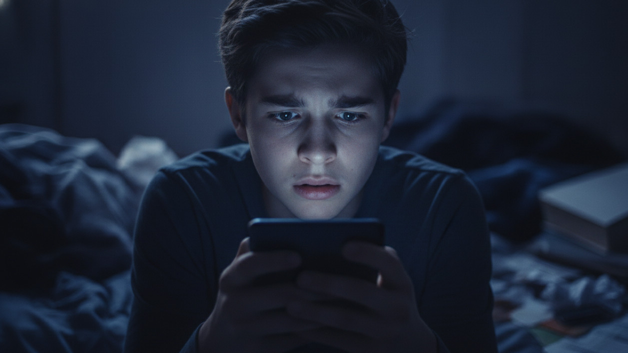 Icon of a teen looking at a phone with a worried expression